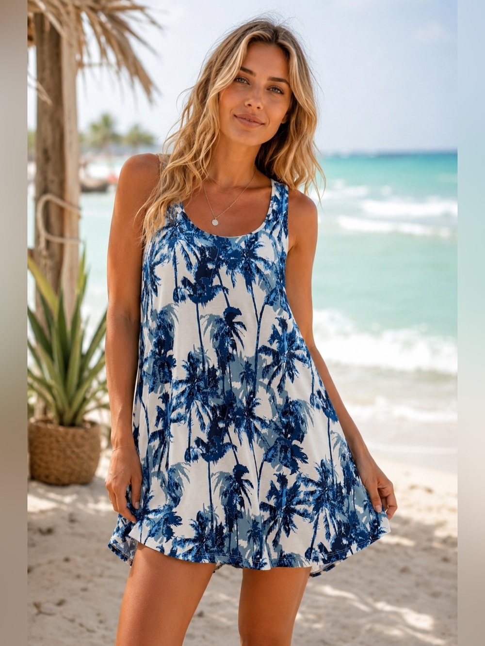 LASCANA for VENUS Blue Palm Tree Print Sleeveless A-Line Mini Cover-Up Dress